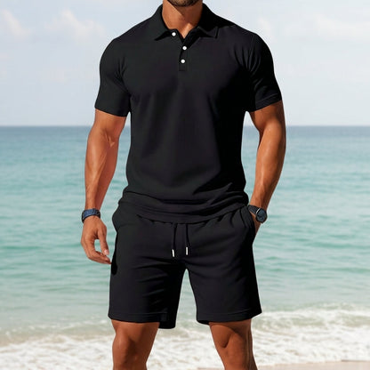 Men's Waffle Knit Polo Shorts Set Short Sleeve Drawstring – Arden