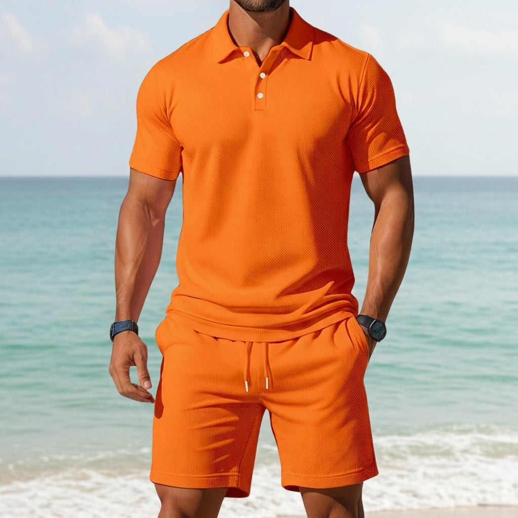 Men's Waffle Knit Polo Shorts Set Short Sleeve Drawstring – Arden