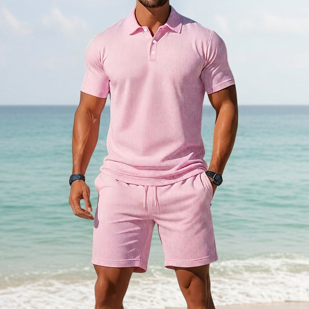 Men's Waffle Knit Polo Shorts Set Short Sleeve Drawstring – Arden