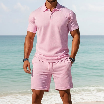 Men's Waffle Knit Polo Shorts Set Short Sleeve Drawstring – Arden