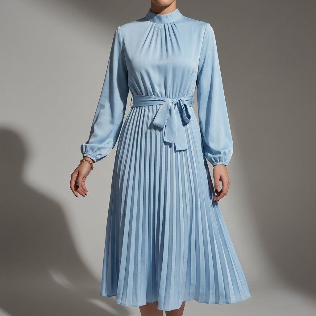 Women's Pleated Midi Dress Long Sleeve Belted Waist – Celeste