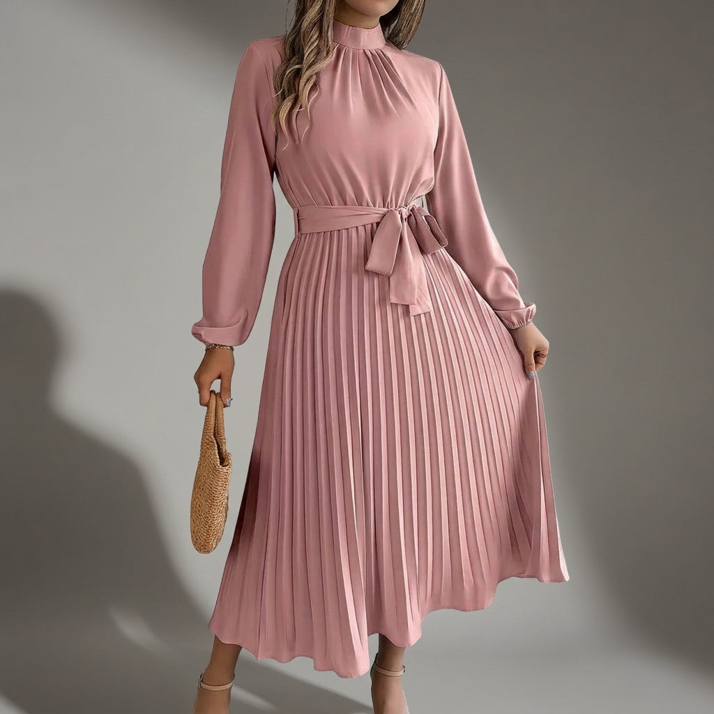 Women's Pleated Midi Dress Long Sleeve Belted Waist – Celeste