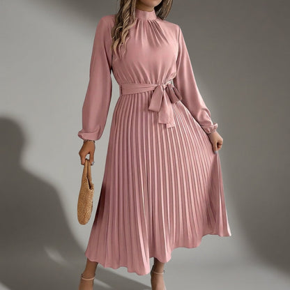 Women's Pleated Midi Dress Long Sleeve Belted Waist – Celeste
