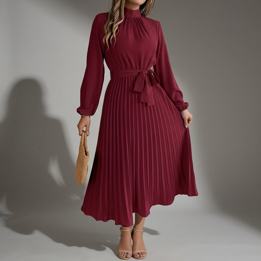 Women's Pleated Midi Dress Long Sleeve Belted Waist – Celeste