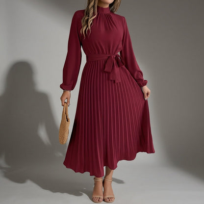 Women's Pleated Midi Dress Long Sleeve Belted Waist – Celeste