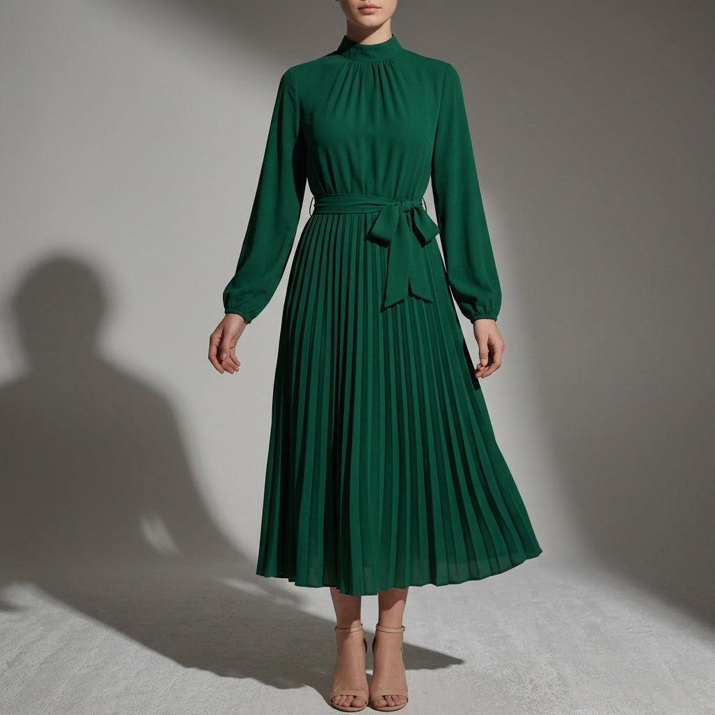 Women's Pleated Midi Dress Long Sleeve Belted Waist – Celeste