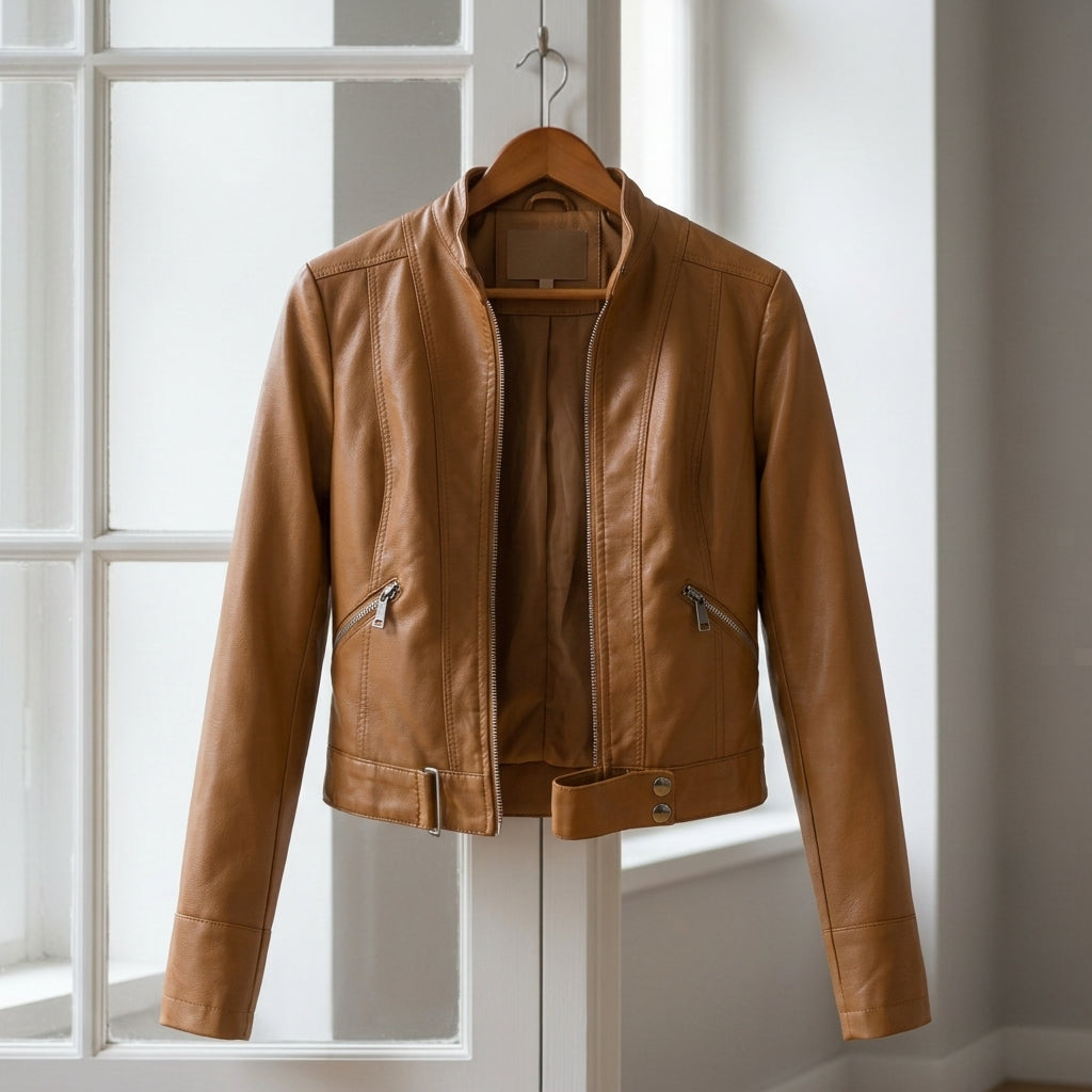 Faux Leather High Collar Moto Jacket – Arden
