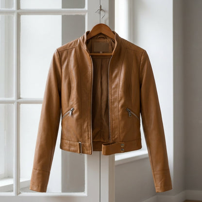 Faux Leather High Collar Moto Jacket – Arden