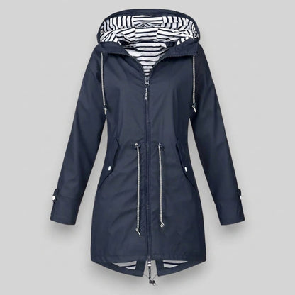Waterproof Hooded Rain Jacket with Drawcord Waist – Maren