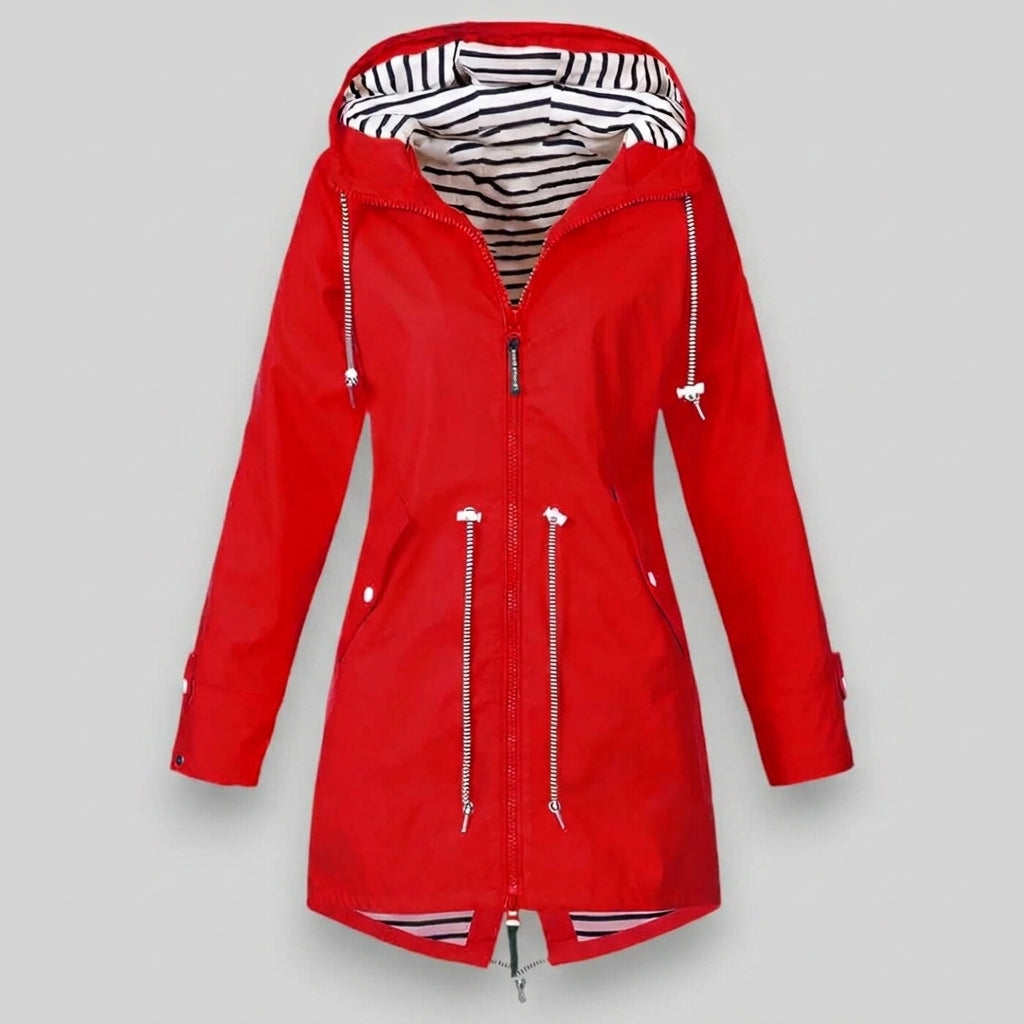 Waterproof Hooded Rain Jacket with Drawcord Waist – Maren