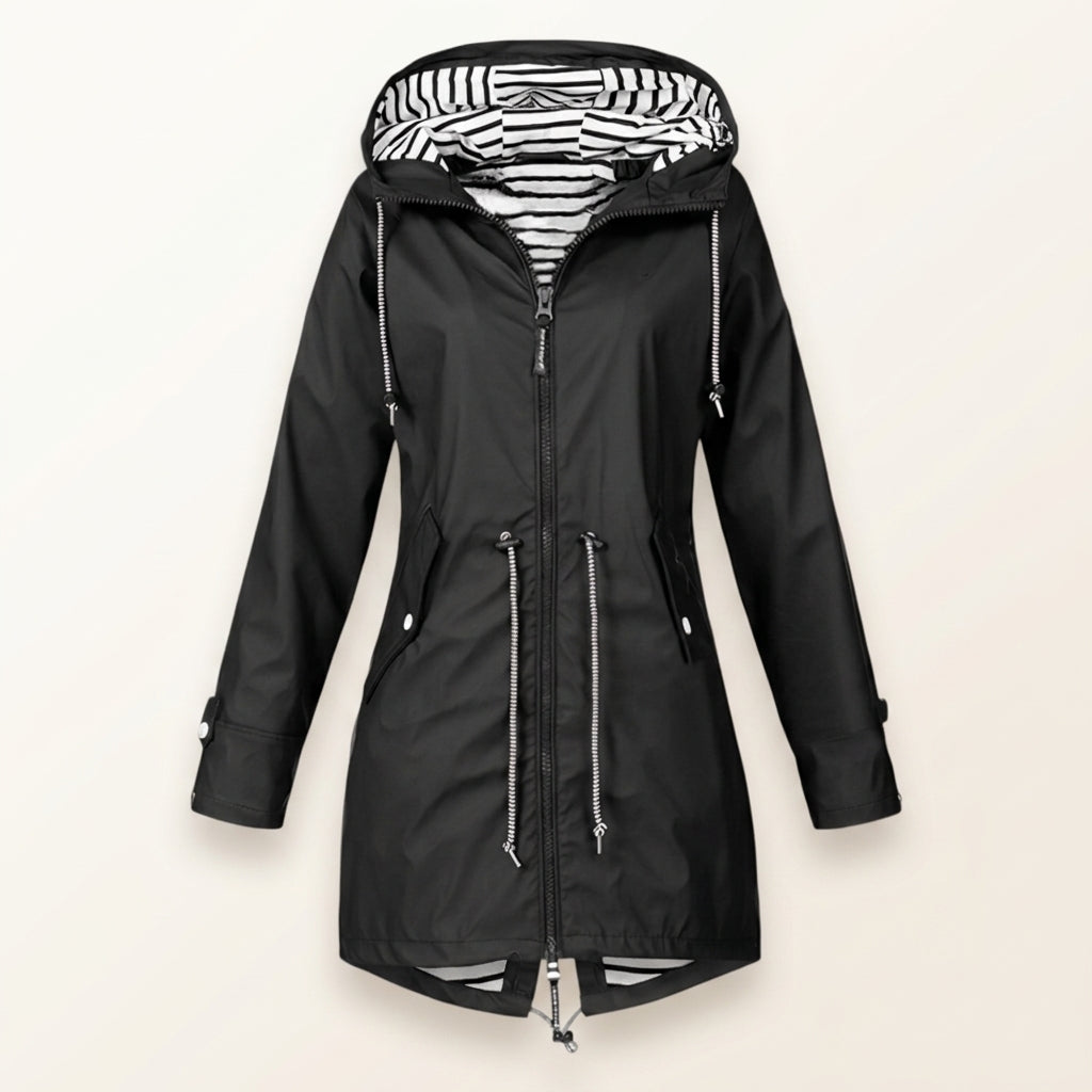Waterproof Hooded Rain Jacket with Drawcord Waist – Maren