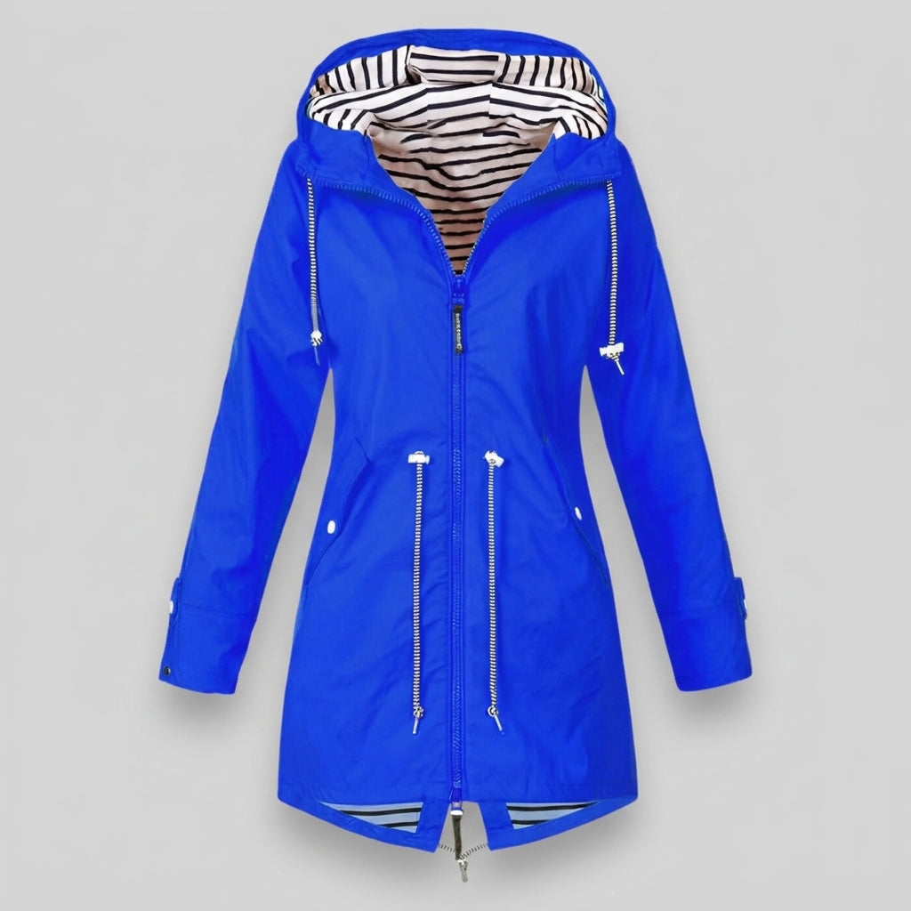 Waterproof Hooded Rain Jacket with Drawcord Waist – Maren