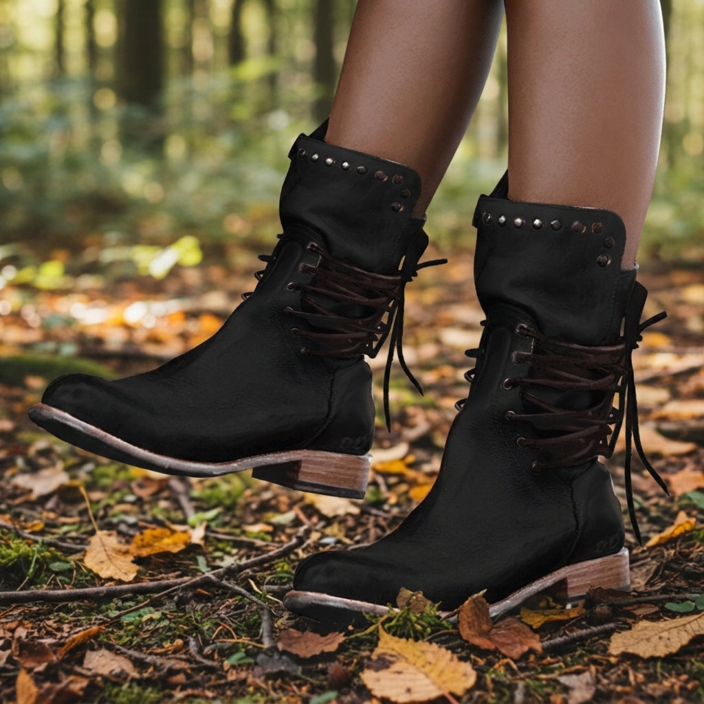 Women’s Mid-Calf Lace-Up Boots Studded Faux Leather Vintage Finish – Harper