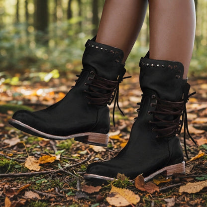 Women’s Mid-Calf Lace-Up Boots Studded Faux Leather Vintage Finish – Harper