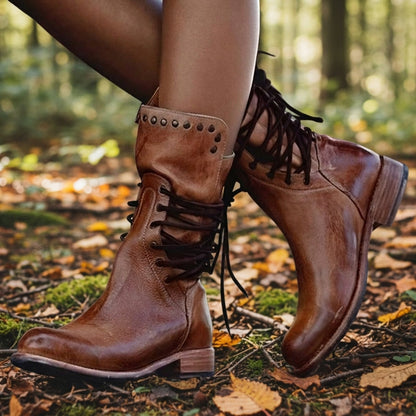 Women’s Mid-Calf Lace-Up Boots Studded Faux Leather Vintage Finish – Harper