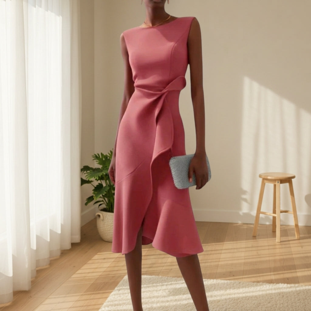 Women's Draped Midi Dress Asymmetric Hem Elegant Style – Celeste