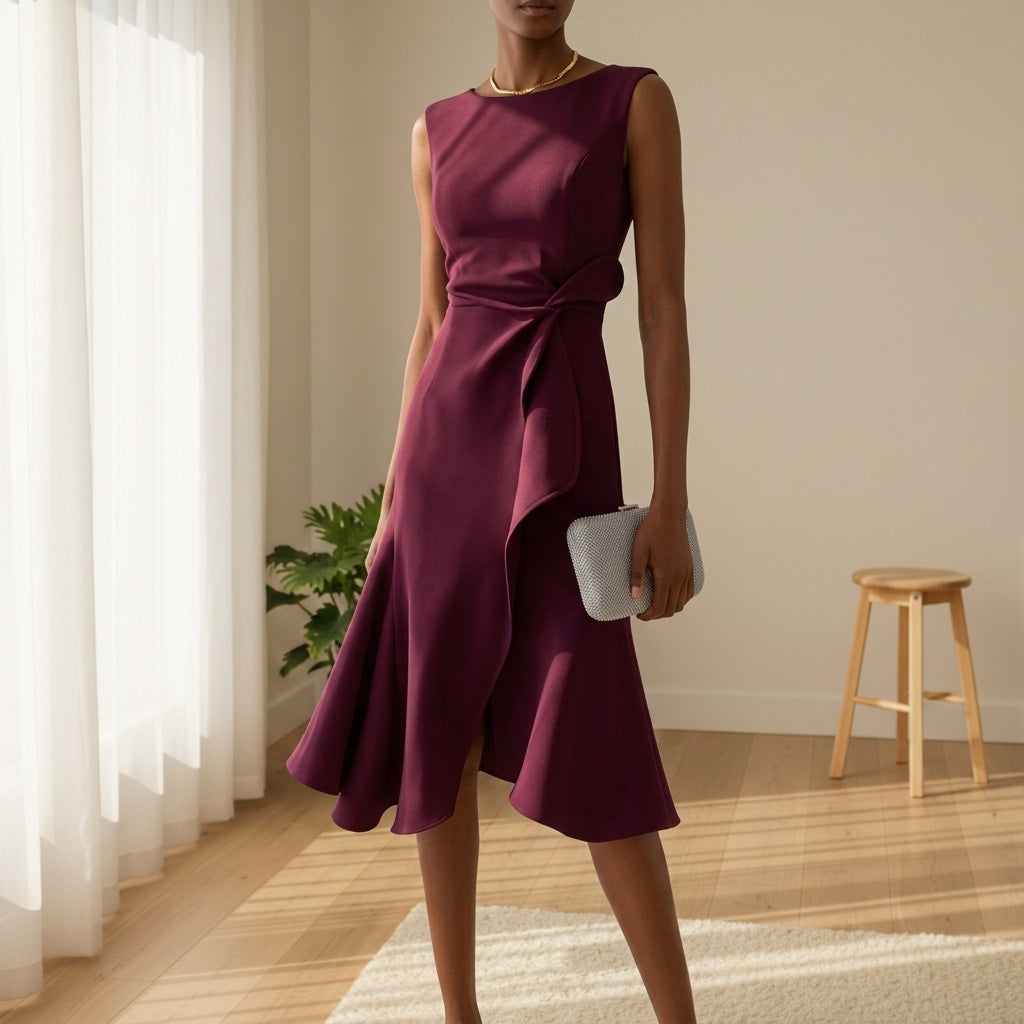 Women's Draped Midi Dress Asymmetric Hem Elegant Style – Celeste