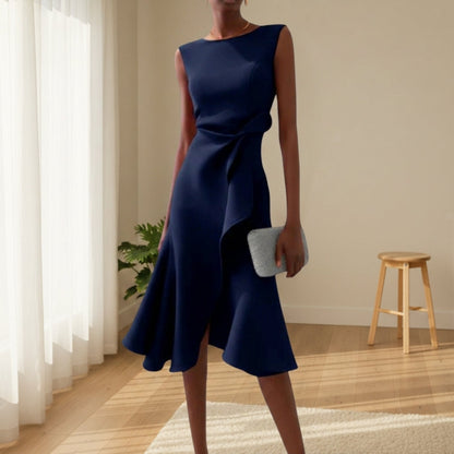 Women's Draped Midi Dress Asymmetric Hem Elegant Style – Celeste