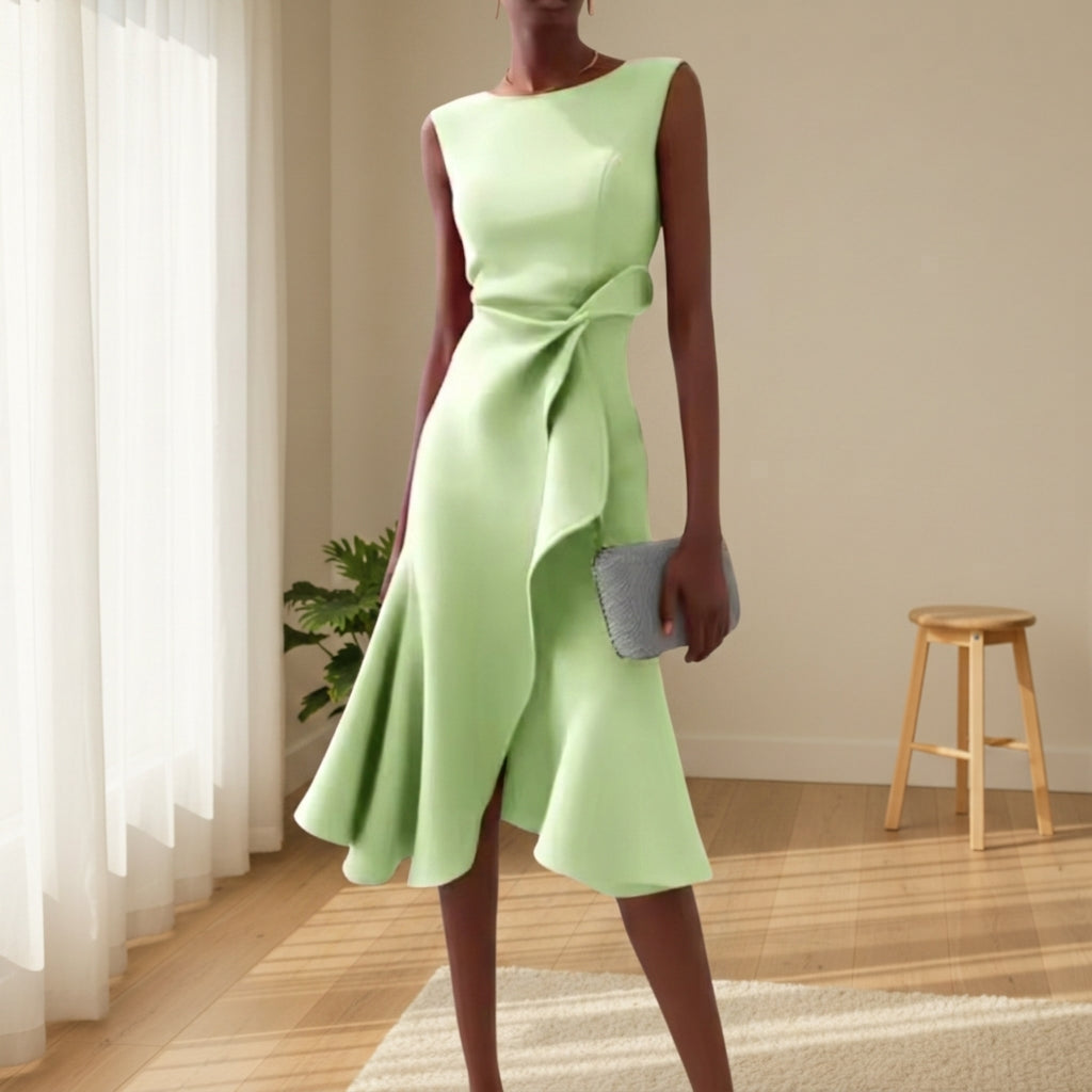 Women's Draped Midi Dress Asymmetric Hem Elegant Style – Celeste