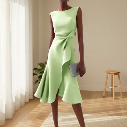 Women's Draped Midi Dress Asymmetric Hem Elegant Style – Celeste