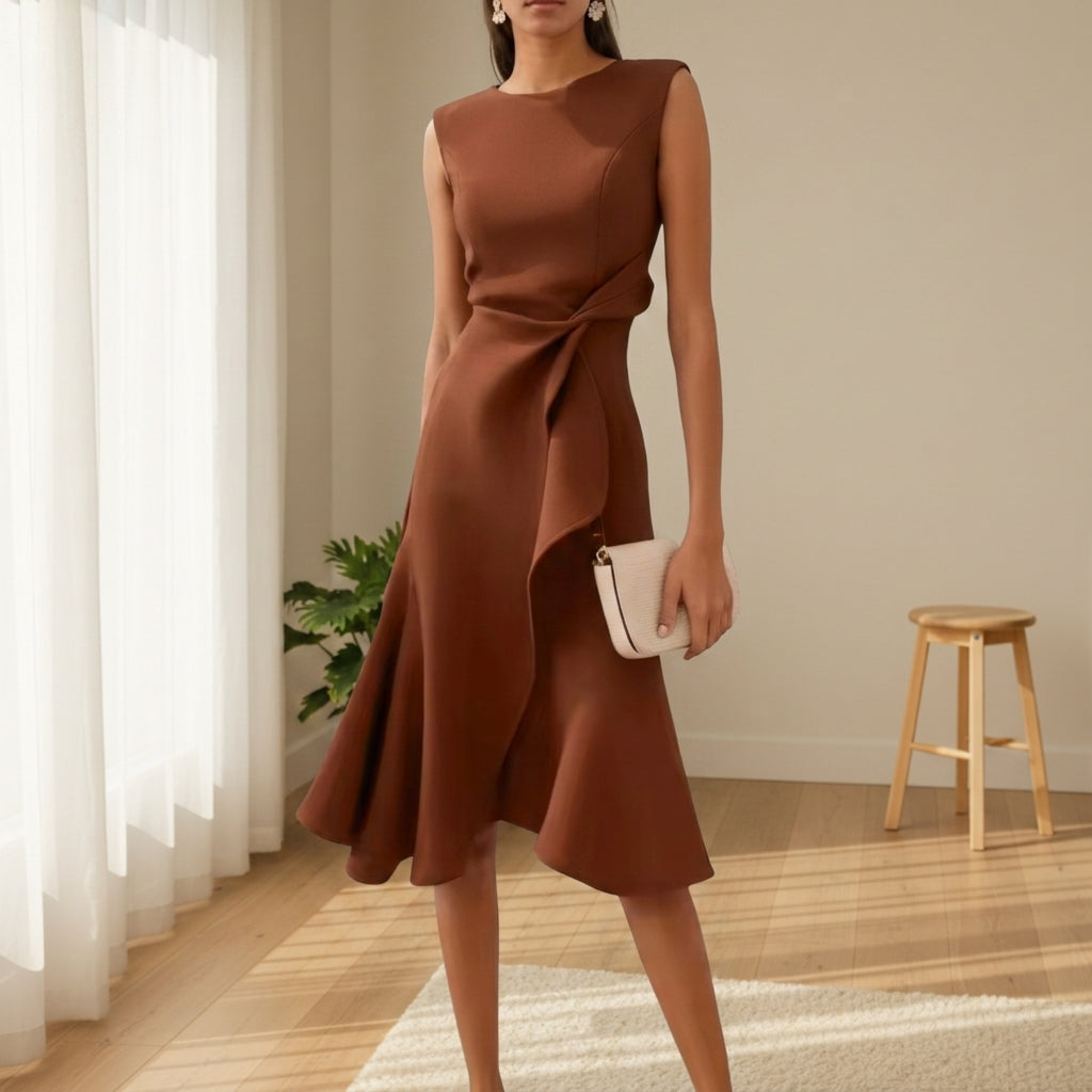 Women's Draped Midi Dress Asymmetric Hem Elegant Style – Celeste