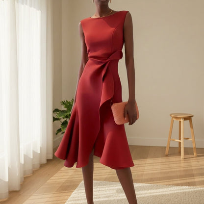 Women's Draped Midi Dress Asymmetric Hem Elegant Style – Celeste