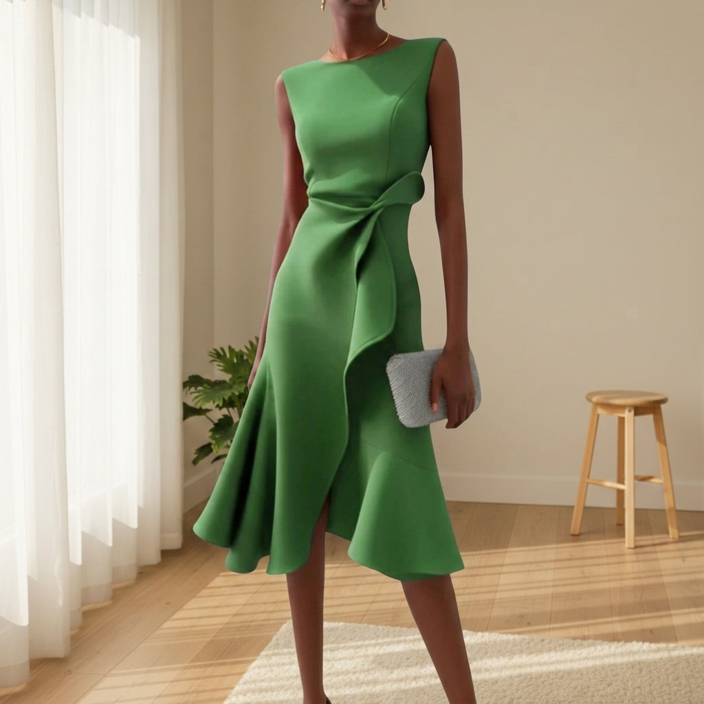 Women's Draped Midi Dress Asymmetric Hem Elegant Style – Celeste