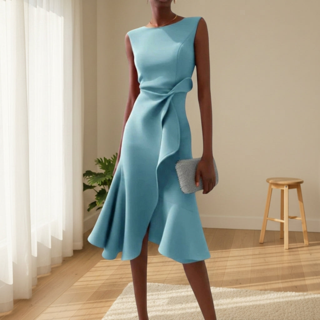 Women's Draped Midi Dress Asymmetric Hem Elegant Style – Celeste