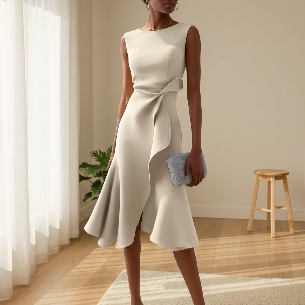Women's Draped Midi Dress Asymmetric Hem Elegant Style – Celeste