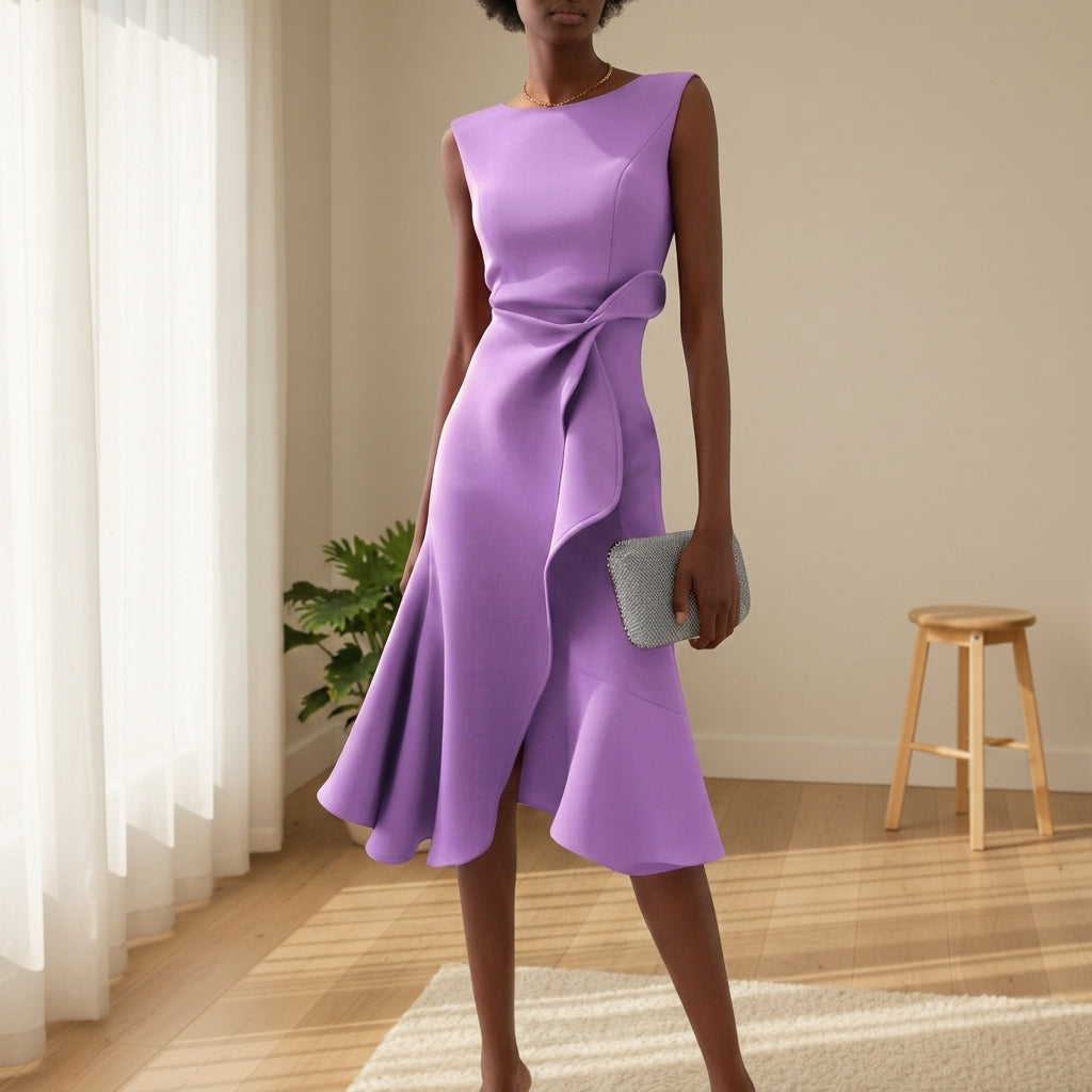 Women's Draped Midi Dress Asymmetric Hem Elegant Style – Celeste