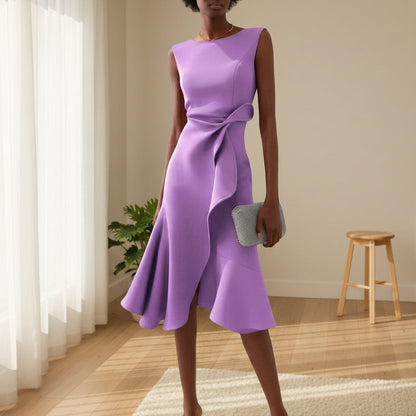 Women's Draped Midi Dress Asymmetric Hem Elegant Style – Celeste