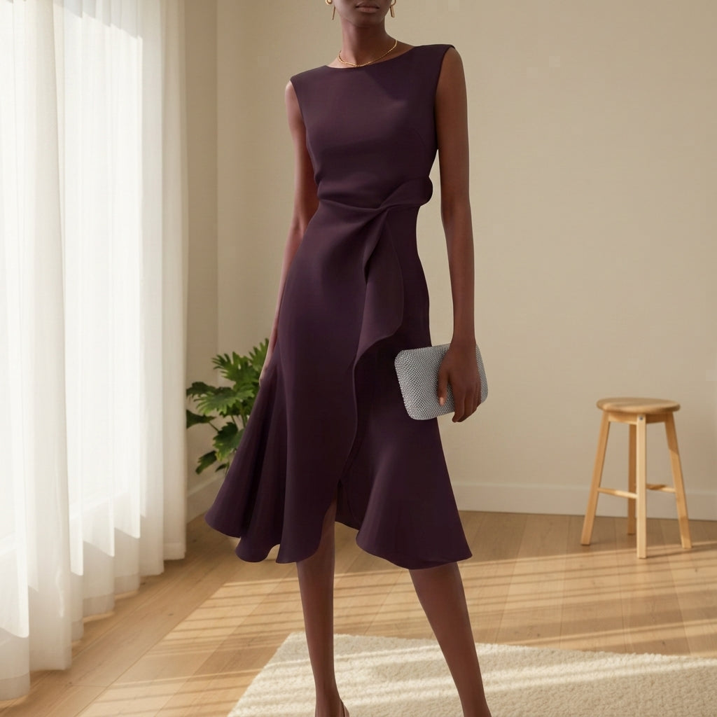 Women's Draped Midi Dress Asymmetric Hem Elegant Style – Celeste