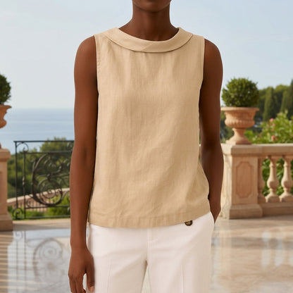 Women's Linen Blend Sleeveless Roll Collar Top – Elara