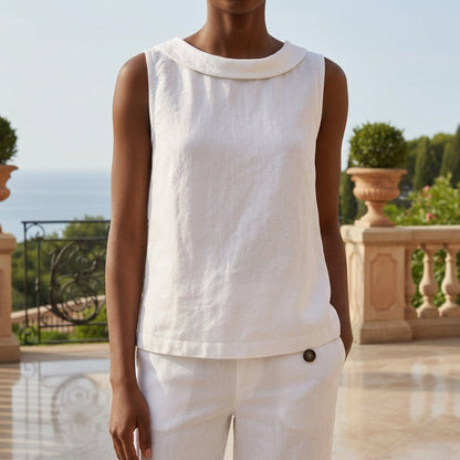 Women's Linen Blend Sleeveless Roll Collar Top – Elara