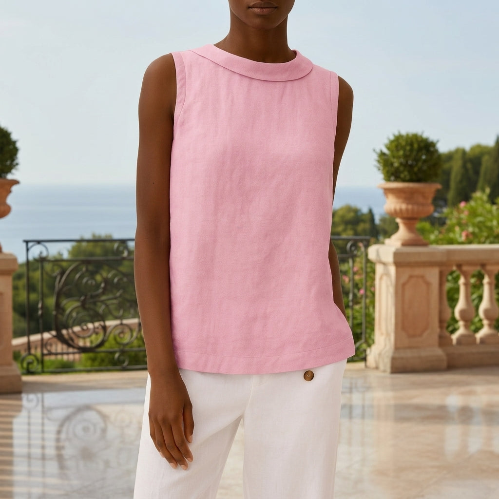 Women's Linen Blend Sleeveless Roll Collar Top – Elara