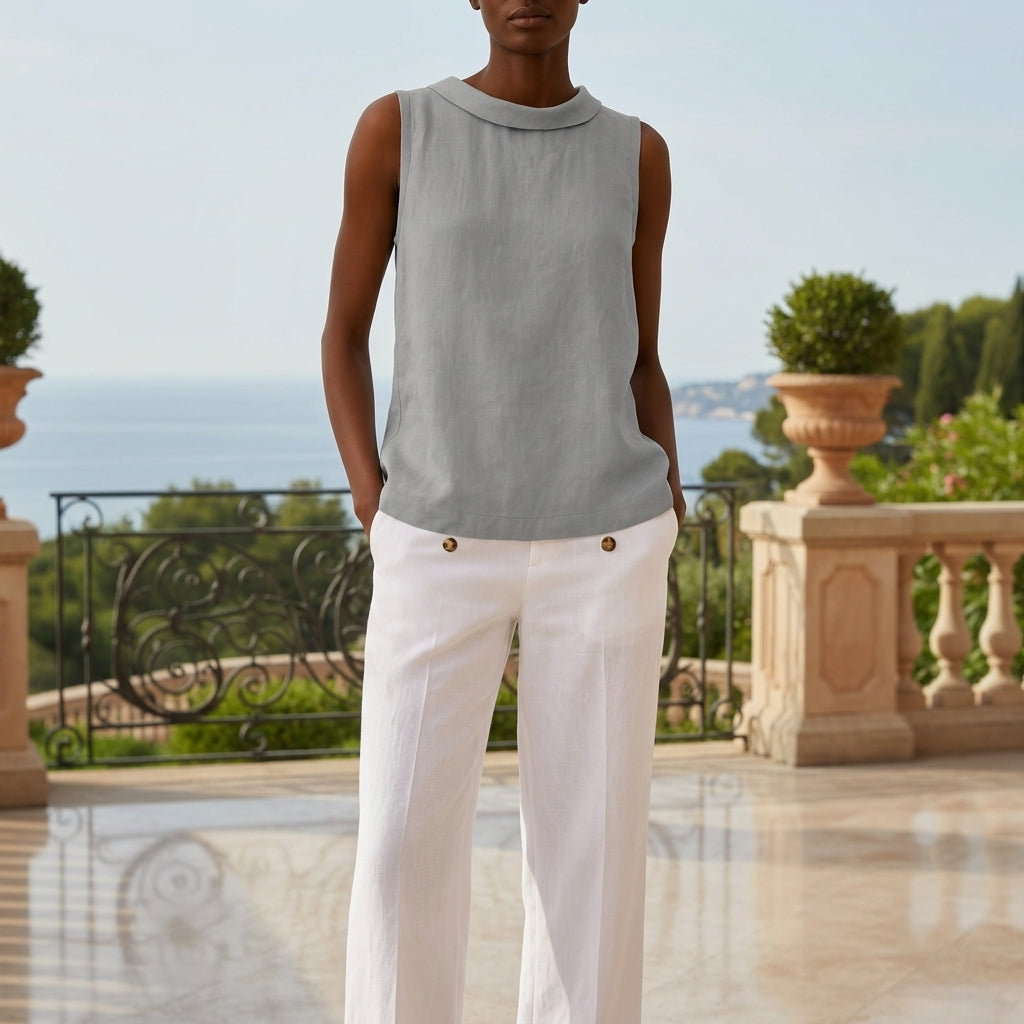 Women's Linen Blend Sleeveless Roll Collar Top – Elara