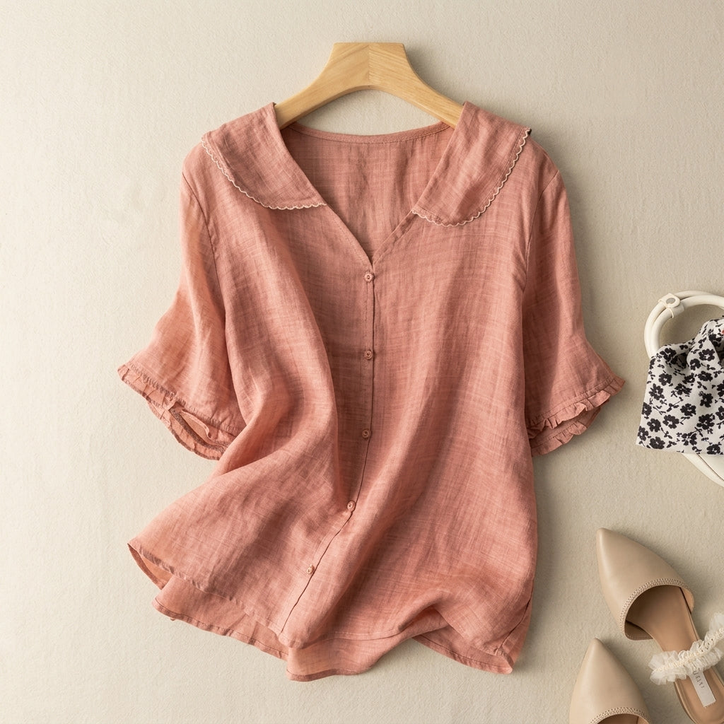 Women’s Sailor Collar Cotton Blend Blouse with Button Details – Lucia