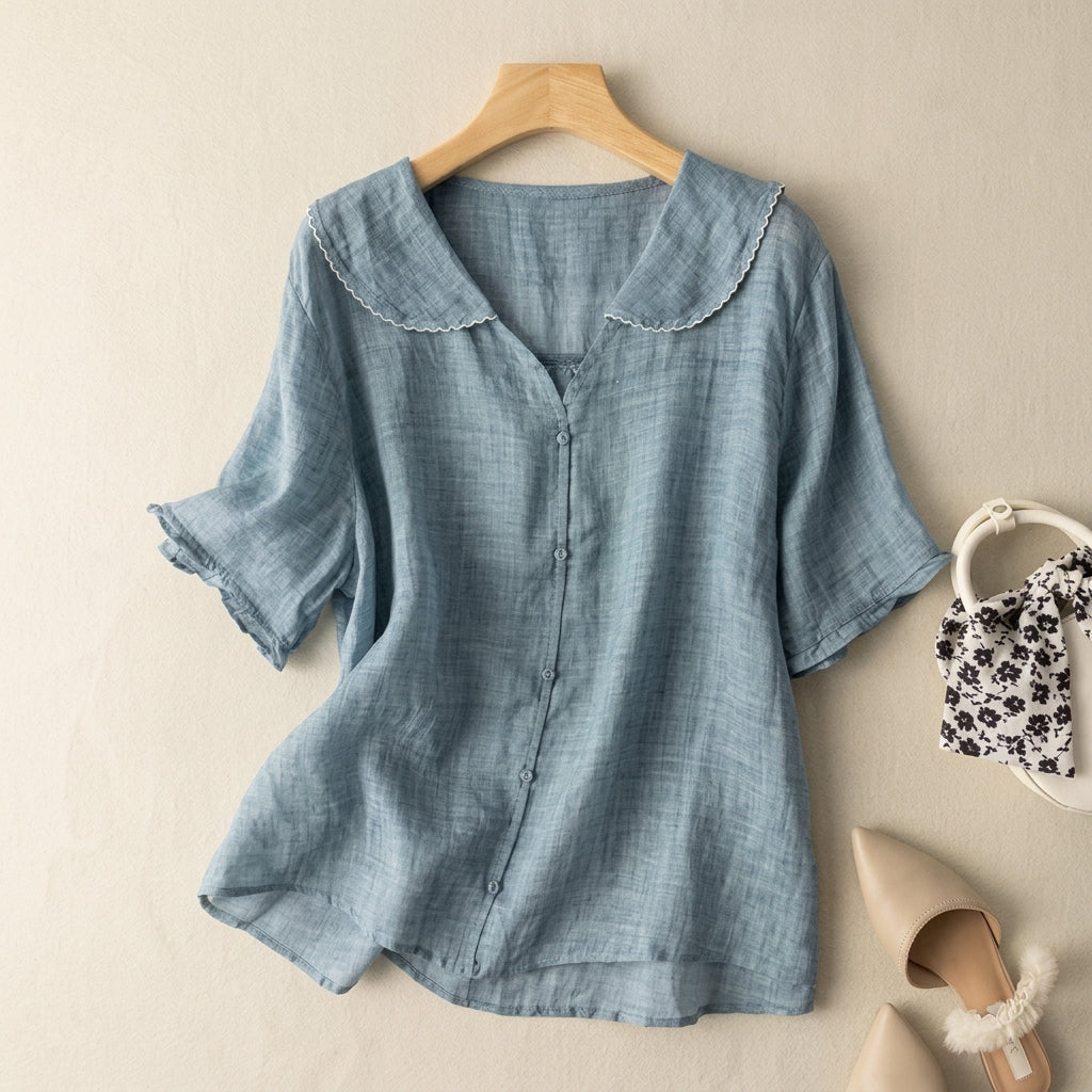 Women’s Sailor Collar Cotton Blend Blouse with Button Details – Lucia