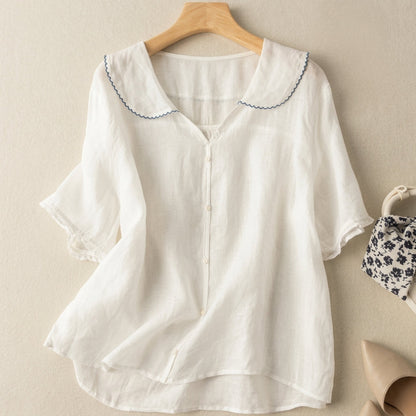 Women’s Sailor Collar Cotton Blend Blouse with Button Details – Lucia