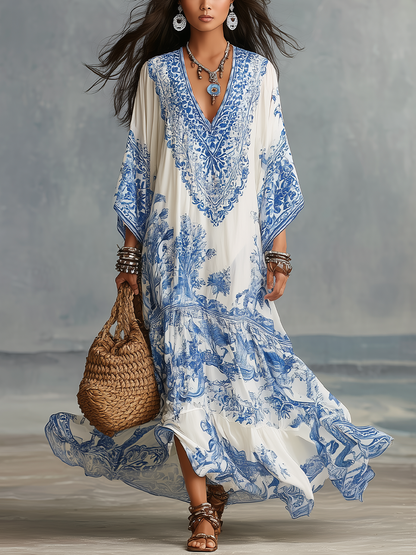 Robe kaftan élégante à col en V avec imprimé porcelaine bleue