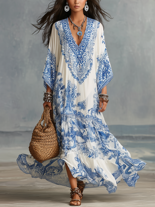 Elegante vestido kaftán con escote en V y estampado azul porcelana