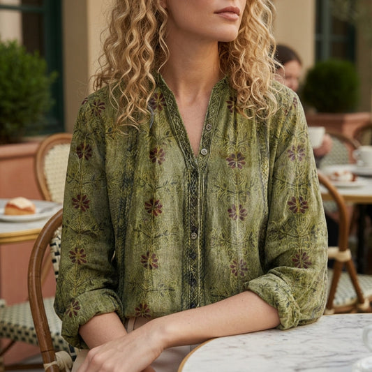 Women's Printed V-Neck Long Sleeve Boho Blouse – Maribel