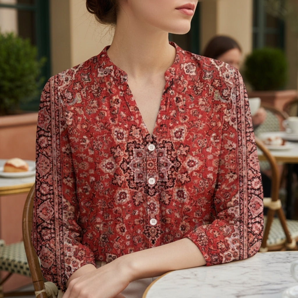 Women's Printed V-Neck Long Sleeve Boho Blouse – Maribel