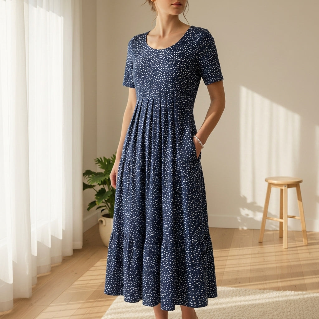 Women's Print Midi Dress Short Sleeve Elegant Silhouette – Maribel