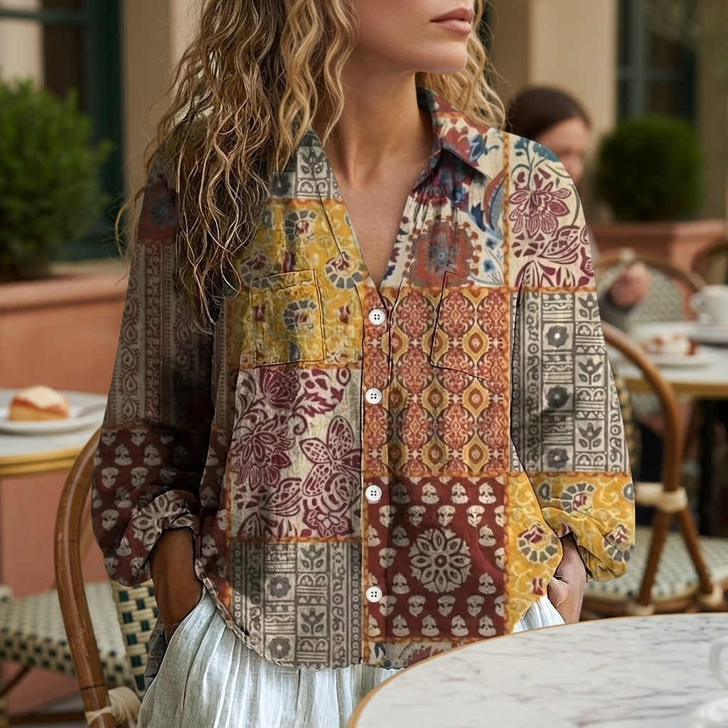 Women's Printed V-Neck Long Sleeve Boho Blouse – Maribel