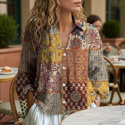 Women's Printed V-Neck Long Sleeve Boho Blouse – Maribel