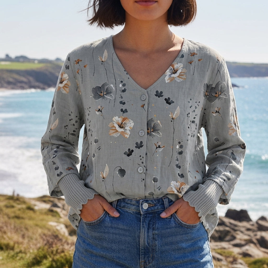 Women's Floral Linen Blend Three-Quarter Sleeve Blouse – Celeste