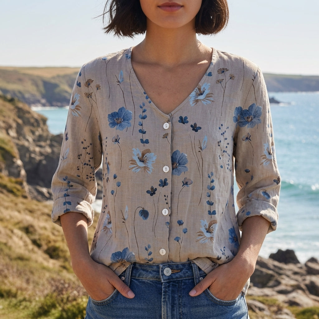 Women's Floral Linen Blend Three-Quarter Sleeve Blouse – Celeste