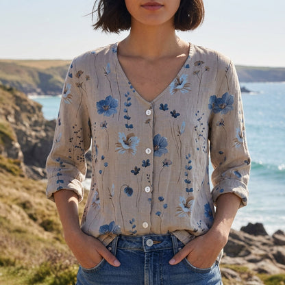 Women's Floral Linen Blend Three-Quarter Sleeve Blouse – Celeste