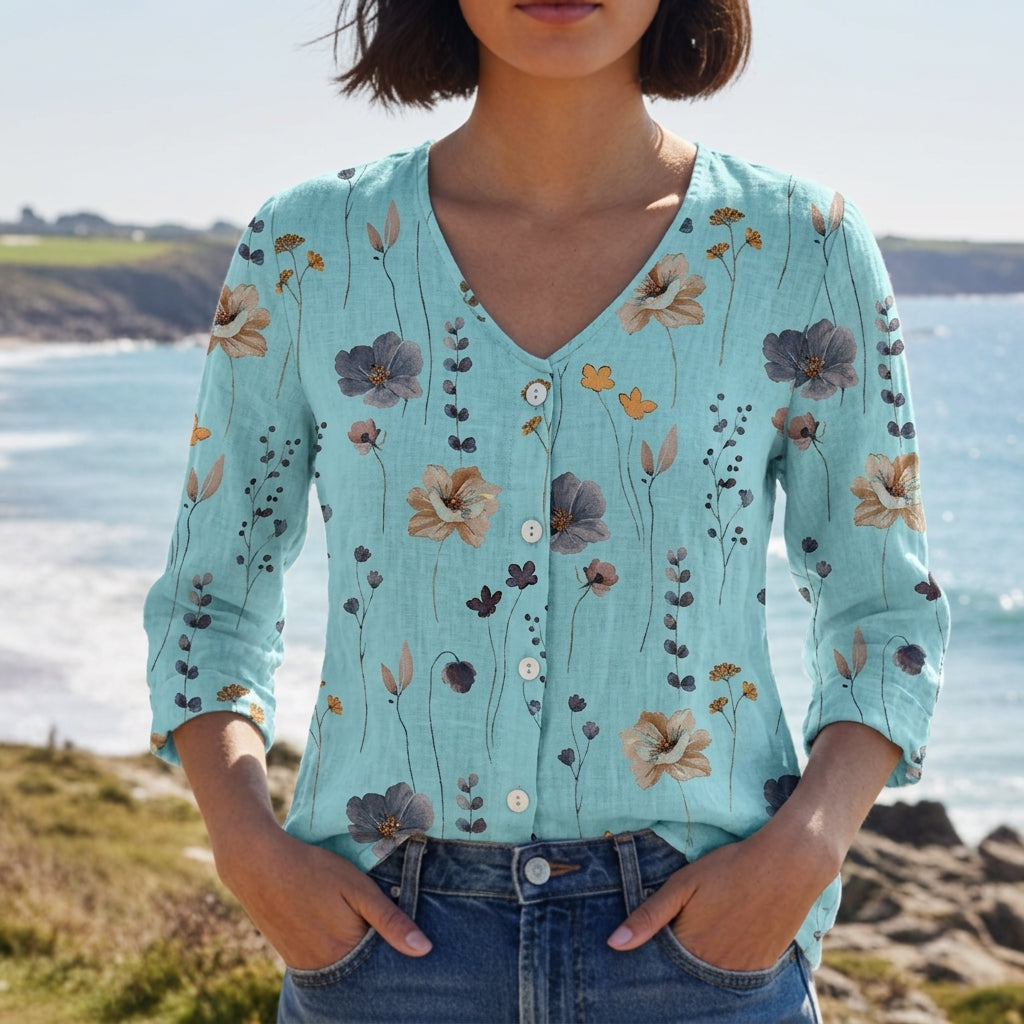 Women's Floral Linen Blend Three-Quarter Sleeve Blouse – Celeste